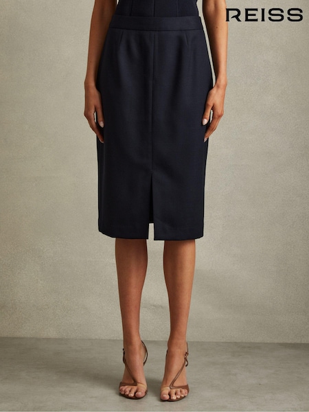 Reiss Navy Hallie Petite Textured Pencil Midi Suit Skirt (E26359) | £118