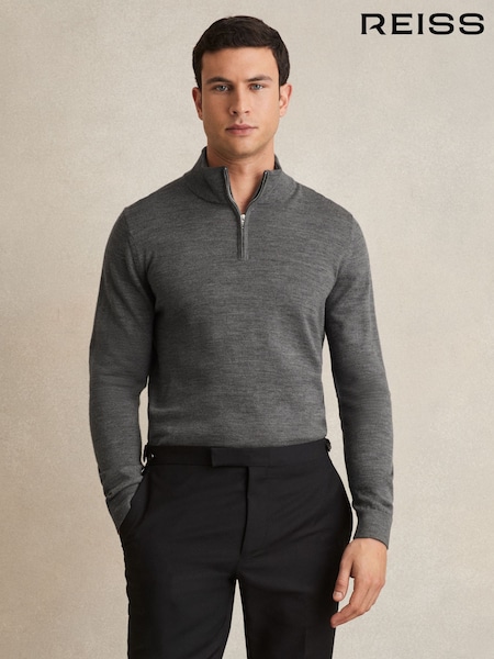 Reiss Derby Grey Marl Blackhall Merino Wool Half-Zip Funnel Neck Jumper (E26534) | £98