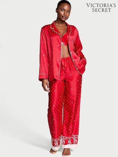Victoria's Secret Lipstick Red Logo Pin Dot Satin Long Pyjama Set (E26753) | £69