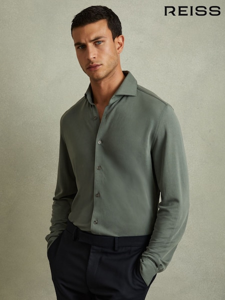 Reiss Green Smoke Bobby Modal Blend Cutaway Collar Shirt (E27133) | £98