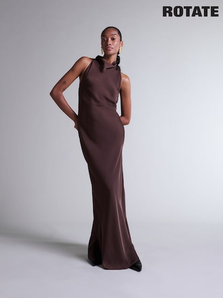 Rotate Brown Lace Trim Maxi Dress (E27391) | £145
