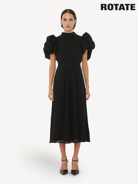 Rotate Black Puff Sleeve Midi Dress (E27474) | £155
