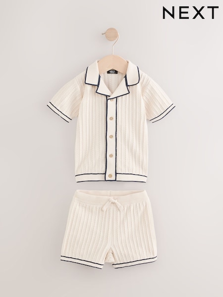 Ecru Knitted Button Through Polo Shirt and Shorts Set (3mths-10yrs) (E27766) | £20 - £24