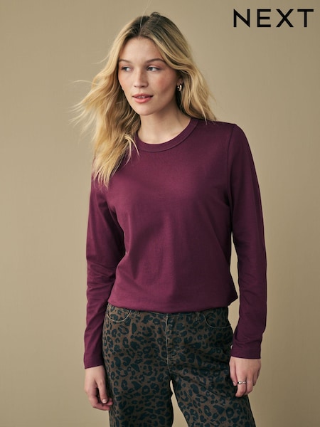 Berry Red Essential Long Sleeve Crew Neck 100% Cotton T-Shirt (E27873) | £3