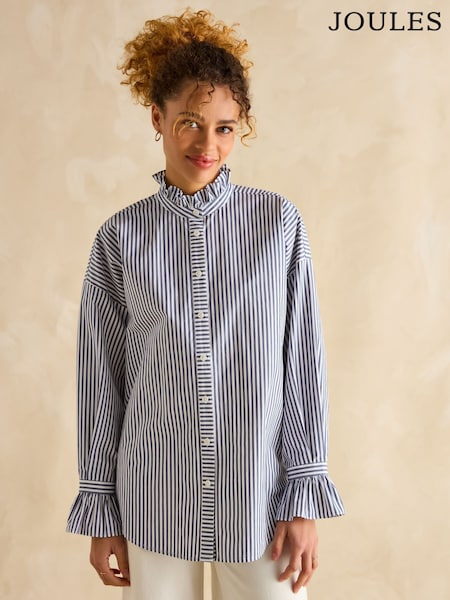 Joules Mae Navy/White Relaxed Fit Frill Neck Shirt (E28007) | £59