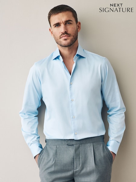 Mid Blue Slim Fit 100% Pima Cotton Sateen Finish Long Sleeve Signature Shirt (E28126) | £55