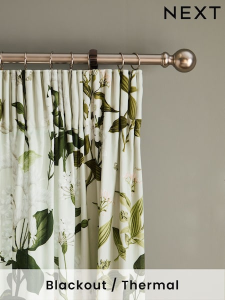Sage Green Sateen Floral Print Blackout/Thermal Pencil Pleat 100% Cotton Curtains (E28641) | £50 - £115