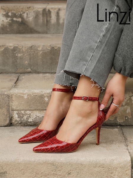 Linzi Red Maci Stiletto Court Heels With Ankle Strap (E28707) | £38