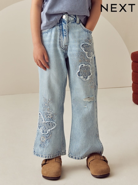 Mid Blue Butterfly Embellished Flare 100% Cotton Jeans (3-16yrs) (E29119) | £20 - £25