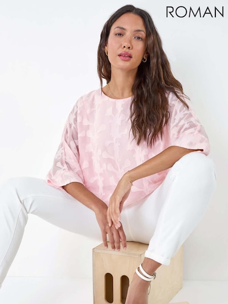 Roman Pink Burnout Floral Dipped Hem Overlay Top (E29183) | £35