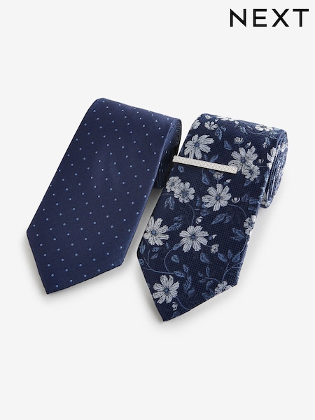 Navy Blue Floral/Blue Polka Dot Design Ties And Tie Clips 2 Pack (E29804) | £22