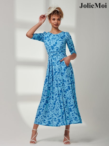 Jolie Moi Mid Blue Goldie 3/4 Sleeve Jersey Maxi Dress (E30407) | £85