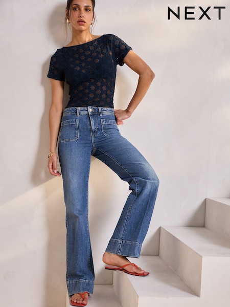 Dark Blue Patch Pocket Wide Leg Jeans (E30491) | £45