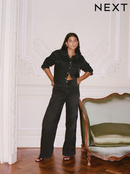 Black Embroidered 100% Cotton Wide Leg Jeans (E30492) | £45