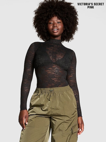 Victoria's Secret PINK Black Lace Mock Neck Bodysuit (E31197) | £35