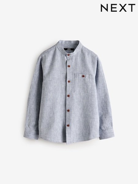 Blue Long Sleeve Grandad Collar Linen Mix Texture Shirt (3-16yrs) (E31736) | £13 - £18