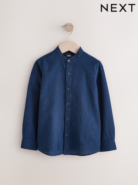 Indigo Blue Grandad Collar Linen Mix Long Sleeve Shirt (3-16yrs) (E31742) | £12 - £17