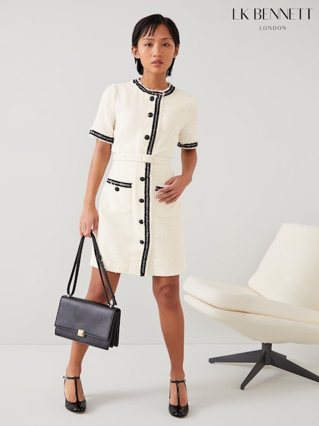 LK Bennett Ivory Cream Charlie Petite Italian Cotton Blend Tweed Dress (E32362) | £349