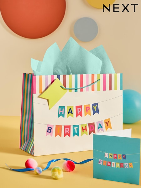 Teal Blue Bright Bunting Birthday Gift Bag and Card Set (E32386) | £4