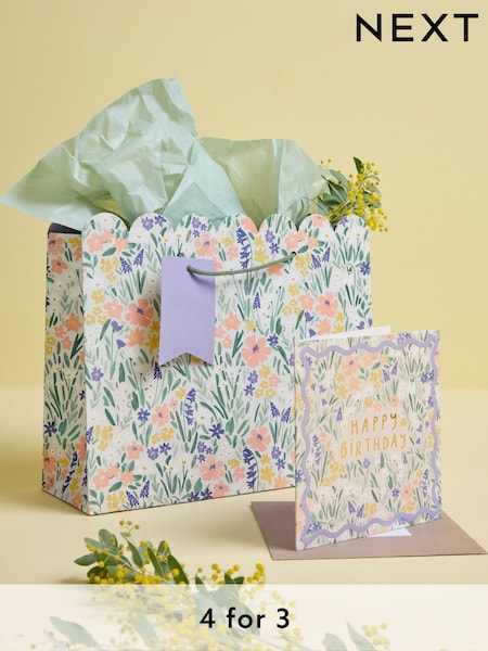Blue Medium Floral Print Gift Bag and Card Set (E32458) | £3.75