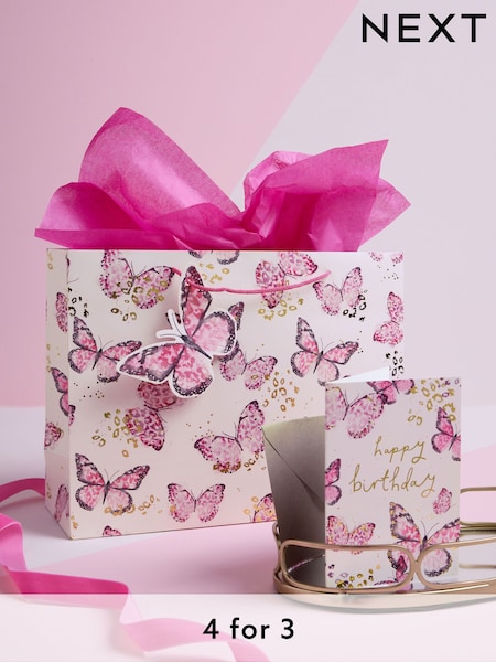 Pink Large Butterfly Gift Bag and Card Set (E32460) | £4