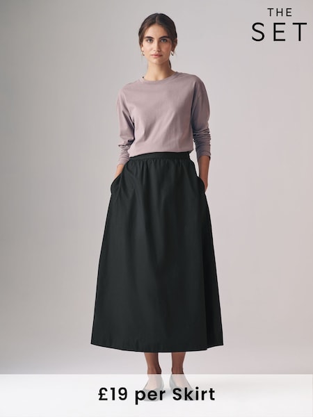 The Set Black/Taupe Brown 2 Pack 100% Cotton Poplin Full Midi Skirts (E32466) | £38