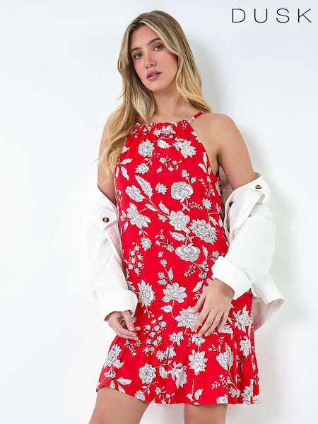 Dusk Red Floral Print Frill Hem Dress (E32899) | £42
