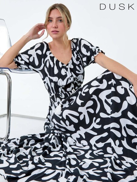 Dusk Black Shirred Waist Abstract Print Maxi Dress (E32908) | £45