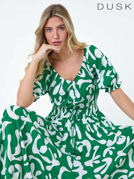 Dusk Green Shirred Waist Abstract Print Maxi Dress (E32919) | £45