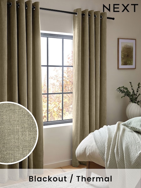 Khaki Green Matte Chenille Blackout/Thermal Eyelet Curtains (E33204) | £85 - £170