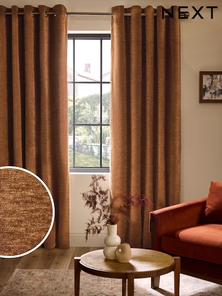 Dark Ochre Soft Touch Chenille Lined Eyelet Curtains (E33209) | £65 - £160