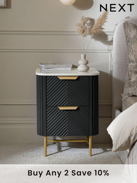Black Valencia Marble and Mango Wood 2 Drawer Bedside Table (E33279) | £350