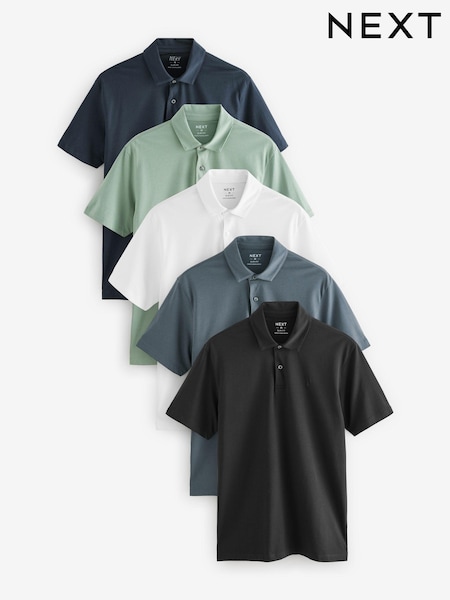 Navy/Black/Grey/White/Sage Green Slim Fit Short Sleeve Jersey Polo Shirts 5 Pack (E33489) | £58