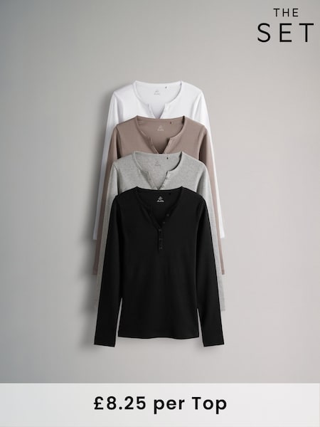The Set Black/White/Light Grey/Taupe Brown 4 Pack Ribbed Henley Long Sleeve T-Shirts (E33712) | £33