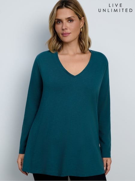 Green - Live Unlimited Cotton Slub V-neck Longline Top