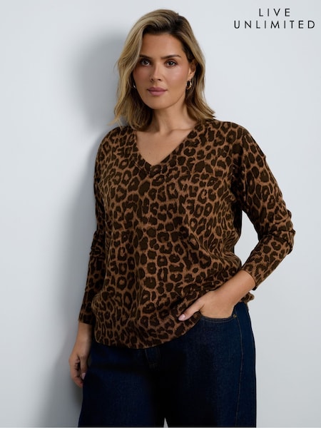 Brown - Live Unlimited Leopard Print V-neck Jumper
