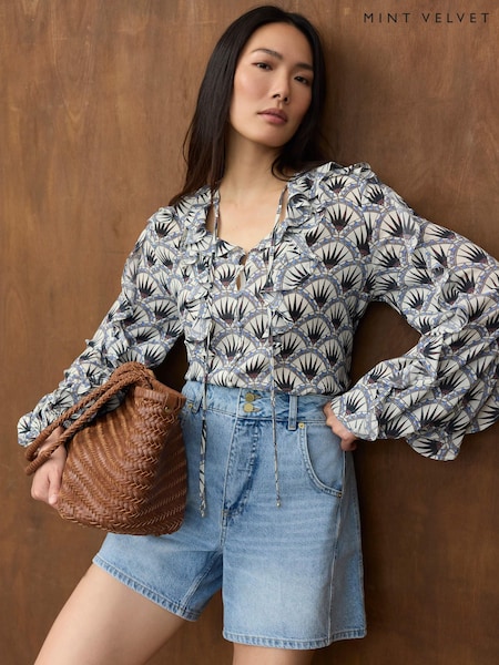 Blue - Mint Velvet Geometric Print Neck Tie Ruffle Blouse