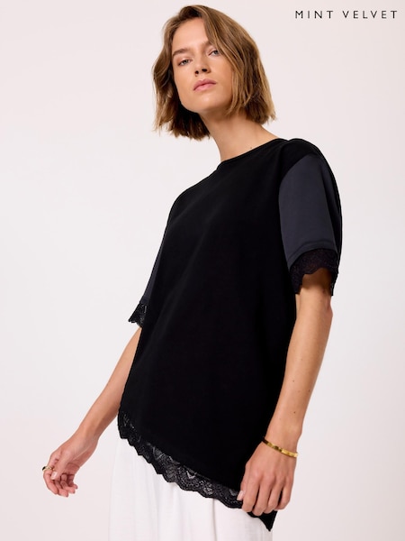 Black - Mint Velvet Cotton Lace Trim Top