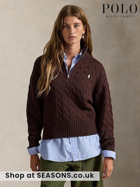 Brown - Polo Ralph Lauren Cable Knit Quarter Zip Funnel Neck Sweater