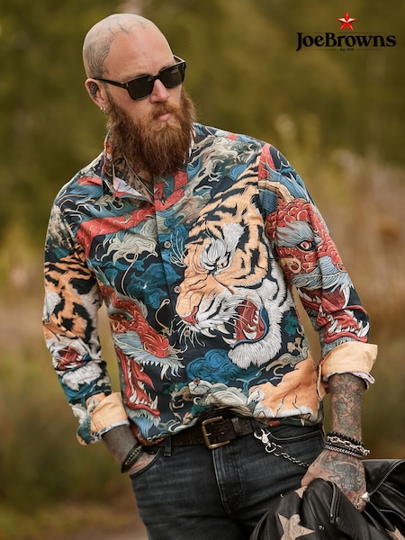 Blue - Regular Joe Browns Dragon V Tiger Print Shirt