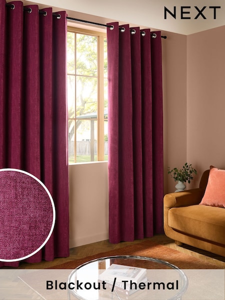 Berry Red Matte Chenille Blackout/Thermal Eyelet Curtains (E34943) | £85 - £170