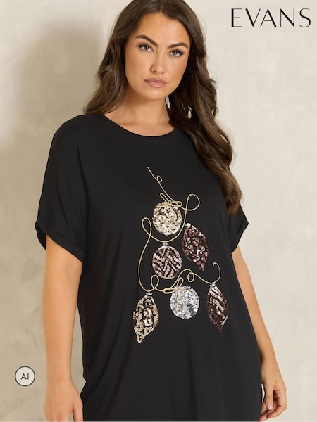Black - Evans Sequin Embellished Bauble Tree T-shirt