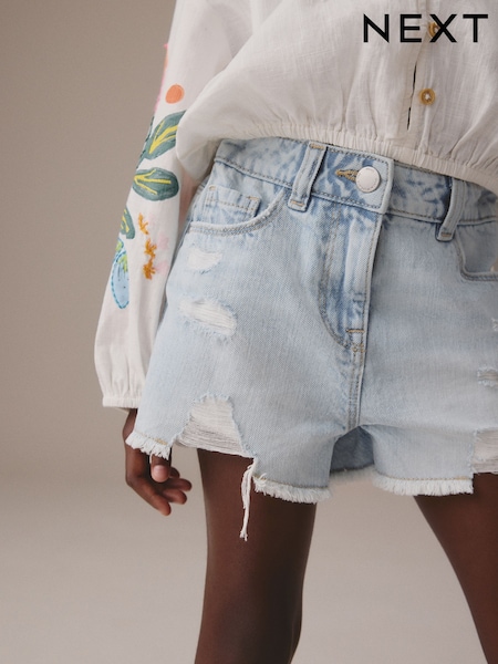Light Blue 100% Cotton Frayed Edge Distressed Shorts (3-16yrs) (E35572) | £10 - £15