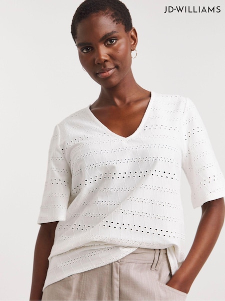 JD Williams White Angel Sleeve V-Neck Broderie 100% Cotton Top (E35584) | £22