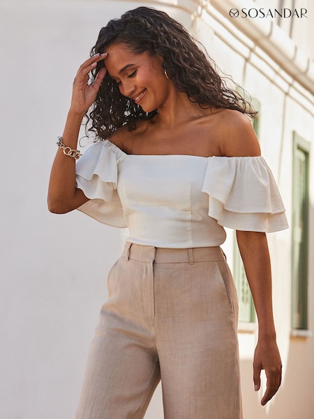 Sosandar White Linen Blend Ruffle Sleeve Top (E35918) | £49