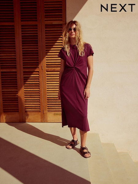 Plum Purple 100% Cotton Twist Short Sleeved T-Shirt Summer Dress (E35977) | £24