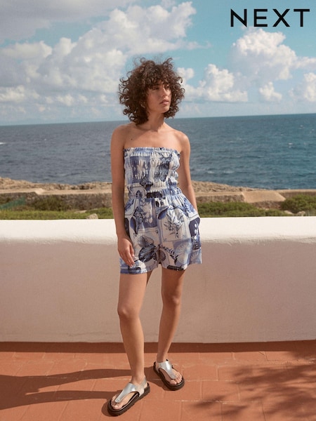Blue Bandeau Shirred 100% Cotton Playsuit (E35988) | £24
