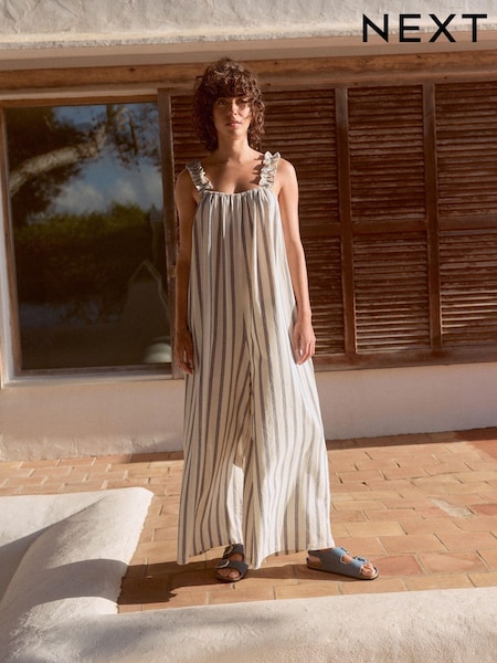 Blue/Ecru Ruffle Strap Wide Leg 100% Cotton Jumpsuit (E35994) | £39