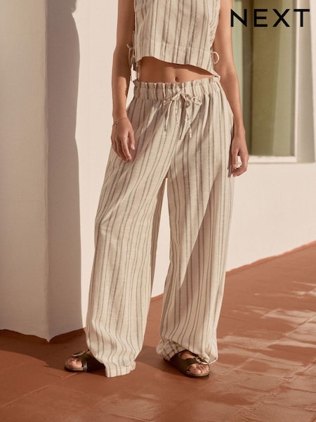 Green/Ecru 100% Cotton Striped Wide Leg Trousers (E35997) | £26