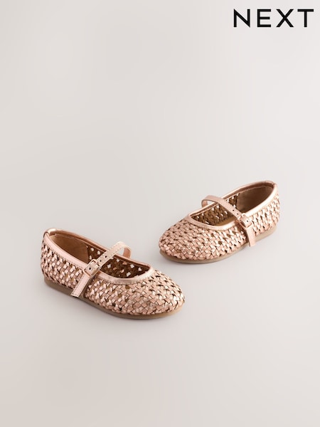 Rose Gold Leather Woven Mary Jane Shoes (E36435) | £26 - £28